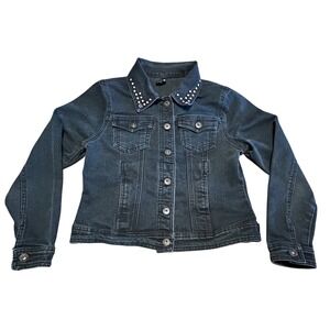 Be Girl Basic Girls Medium Denim Jacket‎ Studded Collar Black/Gray Wash Stretch